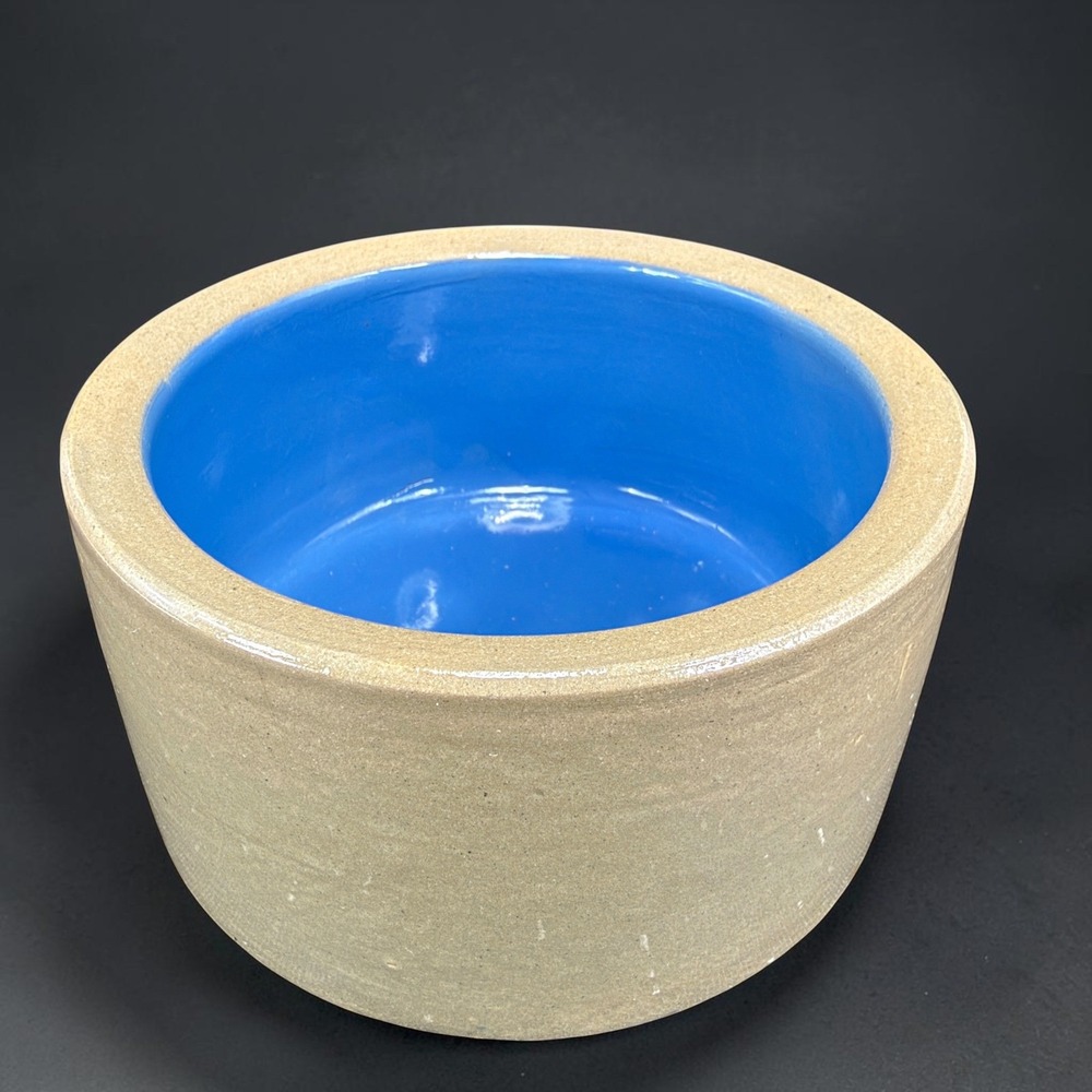 Vintage 1960s Primitive Pottery Bowl Tan Cobalt Blue Glaze Thick Heavy 5 Inch